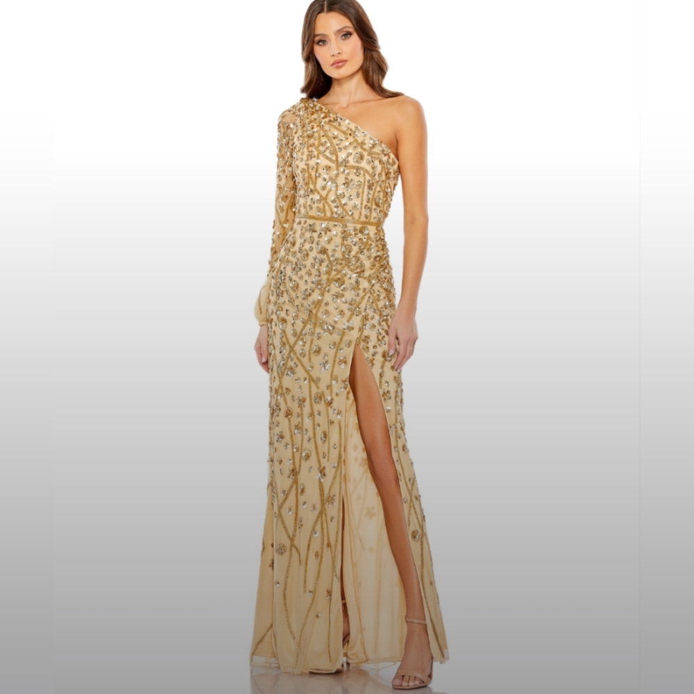 Mac Duggal 5659 Gold One Shoulder Embellished Gown Size 4 $598 NWT